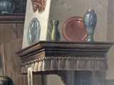 a painting of a man sitting at a table in front of a fireplace
