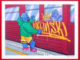 painting of a man in a green hoodie standing next to a train with graffiti on it