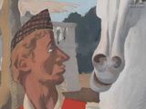 a painting of a man standing next to a white horse