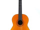 an image of a wooden guitar on a stand against a white background