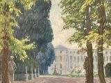 an image of a painting of a park with trees and a building in the background