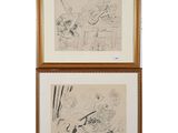 two framed drawings of a man playing guitar and a woman playing a guitar