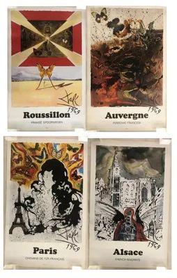 quatre cartes postales représentant des tableaux illustrant les quatre principales villes de France