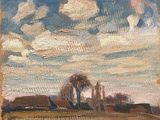 an oil painting of a field with trees and clouds in the sky
