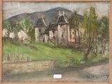 an oil painting of a house in a field with a mountain in the background