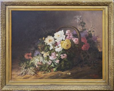 une peinture de fleurs dans un panier sur une table