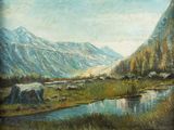peinture représentant un paysage de montagne avec une rivière et une chaîne de montagnes en arrière-plan