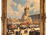 an image of a painting of a town square with a church in the background