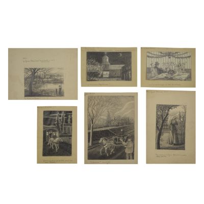 several old black and white pictures of people in a park