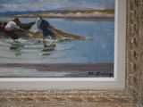 a painting of two people in a boat on the water