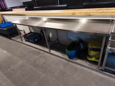 a large stainless steel counter in a commercial kitchen