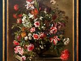 peinture d'un vase de fleurs sur une table dans un cadre doré