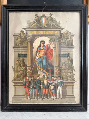 tableau encadré représentant une femme tenant une épée devant un groupe de soldats