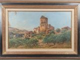 une peinture à l'huile représentant un château sur une colline, avec des oliviers au premier plan