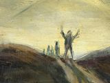 an oil painting of a man standing on top of a hill next to a horse