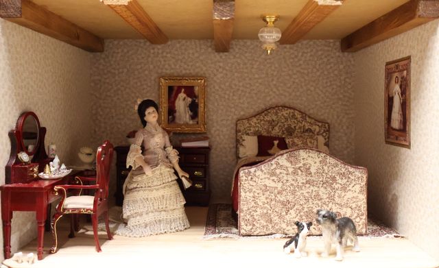 Diorama. Composition miniature, dans une vitrine en bois, vitre e...
