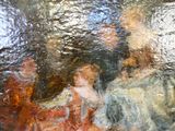 une peinture représentant un groupe de personnes assises sur un banc