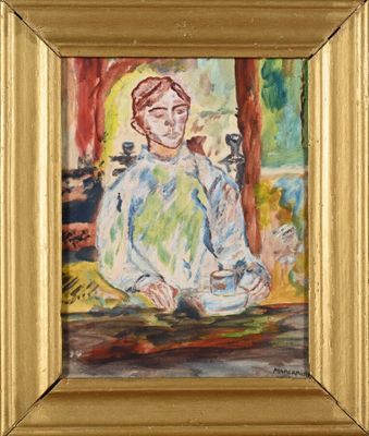 une peinture à l'huile représentant un homme assis à une table, une tasse à la main