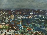 an image of a painting of a beach scene with a boat in the water