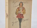 an old book with a drawing of a woman in a red dress