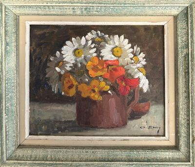 une peinture de fleurs dans un vase sur une table