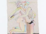 dessin représentant une femme nue assise sur une caisse, une cigarette à la bouche