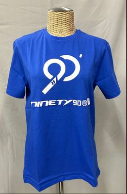 the t - shirt is blue and has a white logo on it