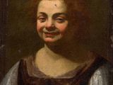 painting of a smiling woman in a black and white dress