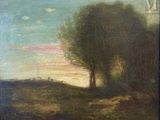 an oil painting of two trees in a field with a sky in the background