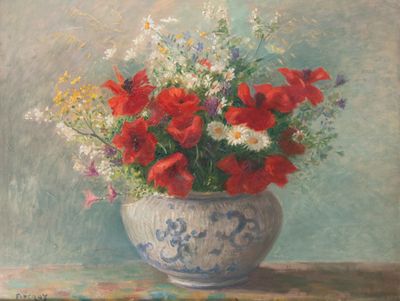 une peinture de fleurs dans un vase sur une table