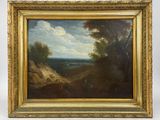 un tableau représentant un paysage avec une rivière au loin