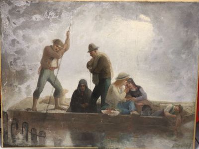un tableau représentant un groupe de personnes sur un bateau