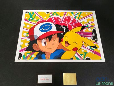 pokemon pikachu and pikachu with a yellow piece of paper in front of it