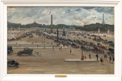 tableau représentant une vue de ville avec beaucoup de voitures et de gens