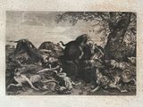 a black and white drawing of a group of animals in a field