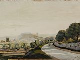 une image représentant un tableau où l'on voit une route avec des arbres et des collines en arrière-plan