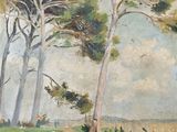 une peinture à l'huile représentant des arbres dans un champ, avec le ciel en arrière-plan