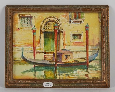 une peinture à l'huile représentant une gondole devant un immeuble