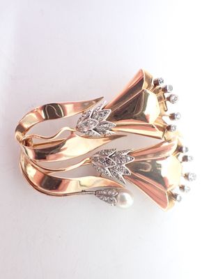 Broche CIRCA 1940 en or, platine, perle et diamants, poids 22,6g, 5,2  - Photo 1