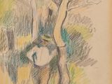 drawing of a tree with a bird perched on it ' s trunk
