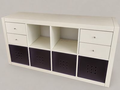 an image of a white and black cabinet with drawers