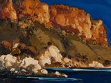 un tableau représentant une montagne avec un plan d'eau au premier plan