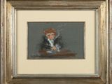 painting of a man sitting at a table with a cigarette in his mouth