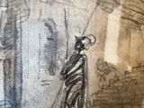 drawing of a man walking down a street with a umbrella