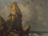 une peinture à l'huile représentant une plage rocheuse avec une personne à cheval