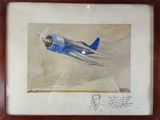 drawing of a blue airplane in a wooden frame with a drawing of a man