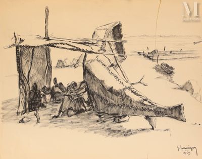 esquisses d'un dessin représentant un bateau sur une plage, avec un homme debout à côté