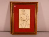 dessin encadré représentant un homme avec une canne, dans un cadre rouge