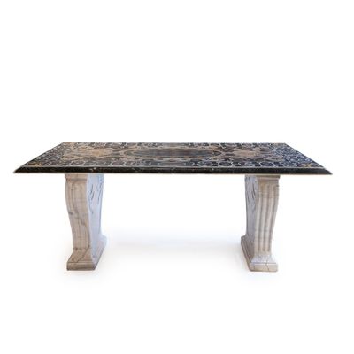 une image d'une table avec un plateau en marbre sur un fond blanc