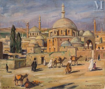 an oil painting of a group of people riding horses in front of a building